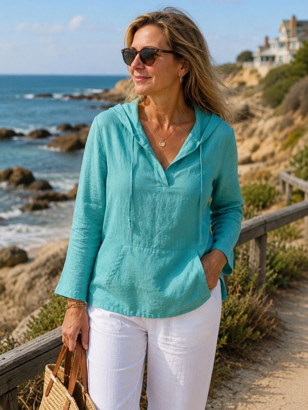NWT Coldwater Creek Linen Rayon Hooded‎ Tunic Top Aqua Coastal Beach Lagenlook M